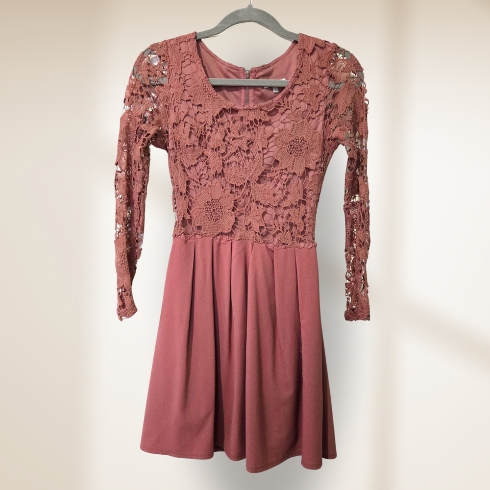 Lace Bodice Long Sleeve Dress - Dusty Rose